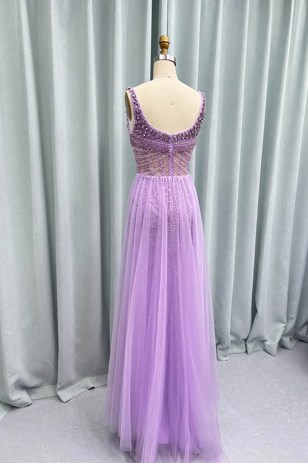 YQLNNE Purple Crystals Long Evening Dresses Mermaid Straps Tulle Beaded Weddding Party Gown