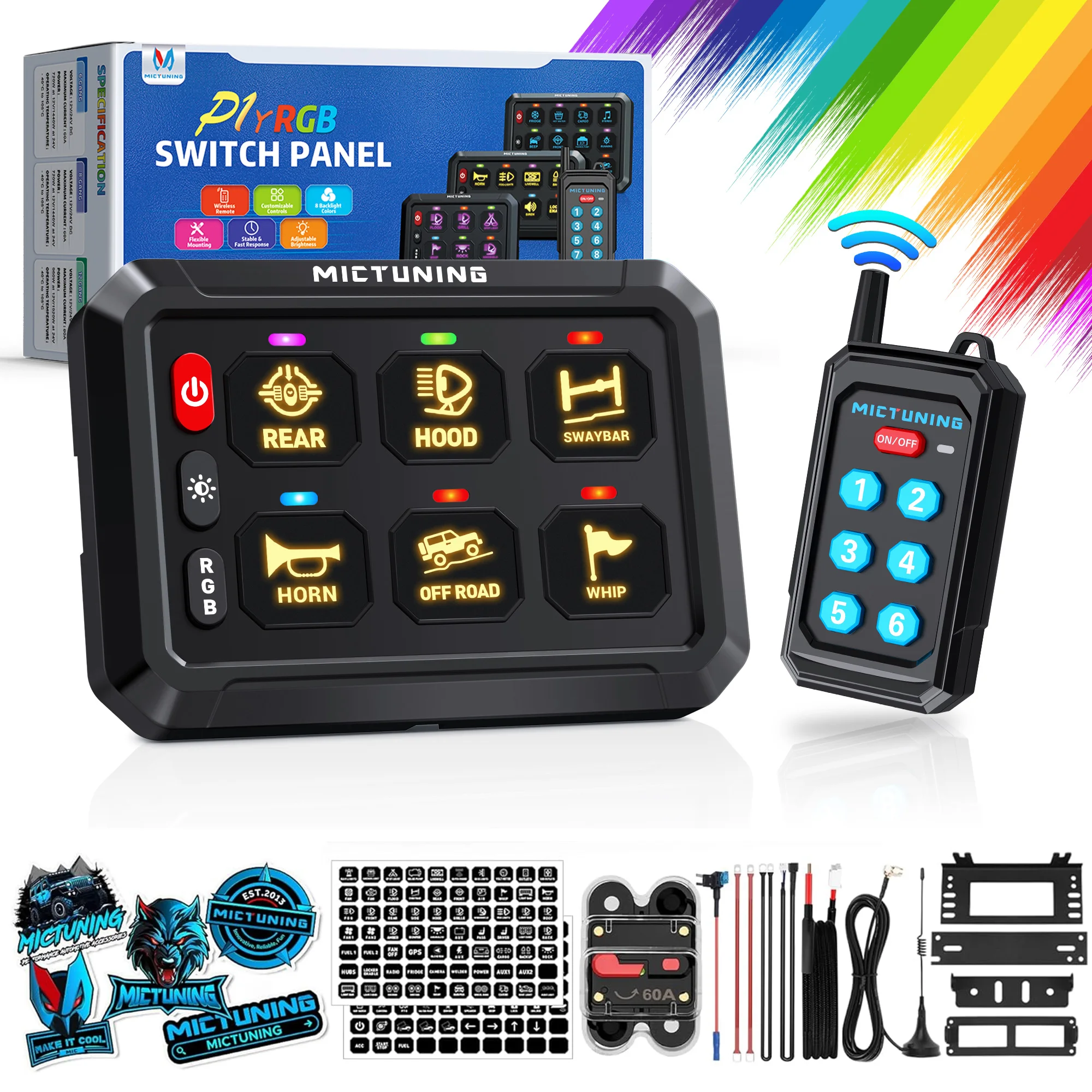 

MICTUNING P1Y Switch Panel with Wireless Remote Control, 6 Gang Circuit Box RGB Colors Toggle Switch Momentary Circuit Control