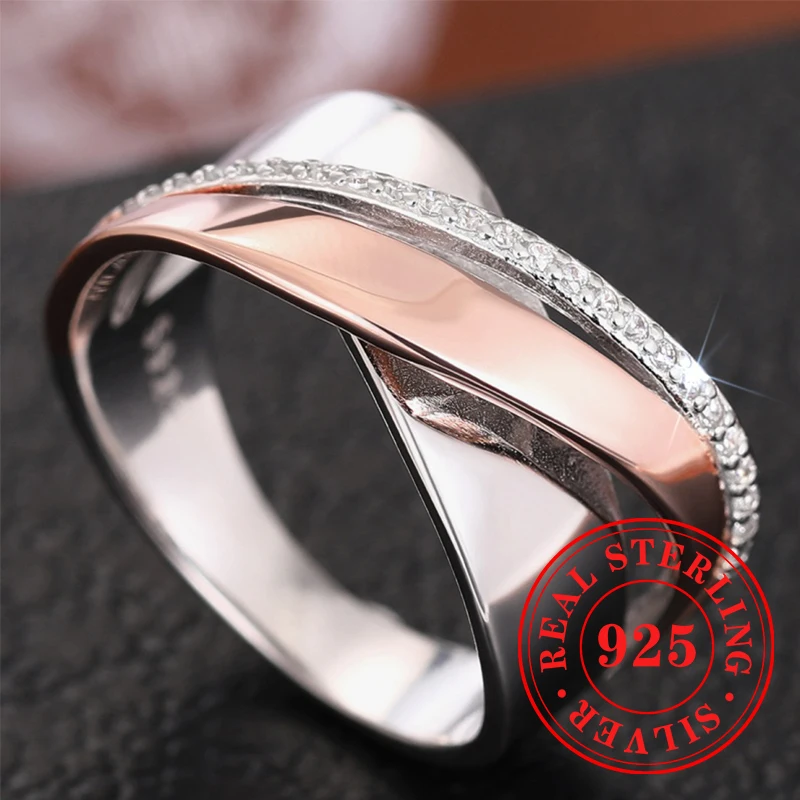 Huitan Two-tone Cross Design Rings Wide 925 Sterling Silver Luxury Wedding Engagement Jewelry Female Trendy Exquisite Accessory