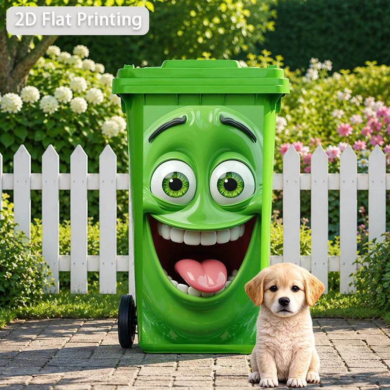 1pc Green Grinning Cartoon Face Themed Trash Can Decal Wall Sticker, Ideal for Outdoor Trash Cans, Walls and Home Decor.