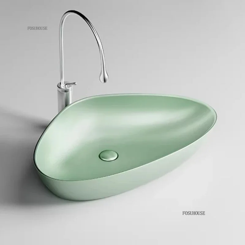 #Creative Shaped Ceramic Bathroom Sinks High-quality Milky Green Countertop Basin Artistic Handwashing and Face Washing Basin Z