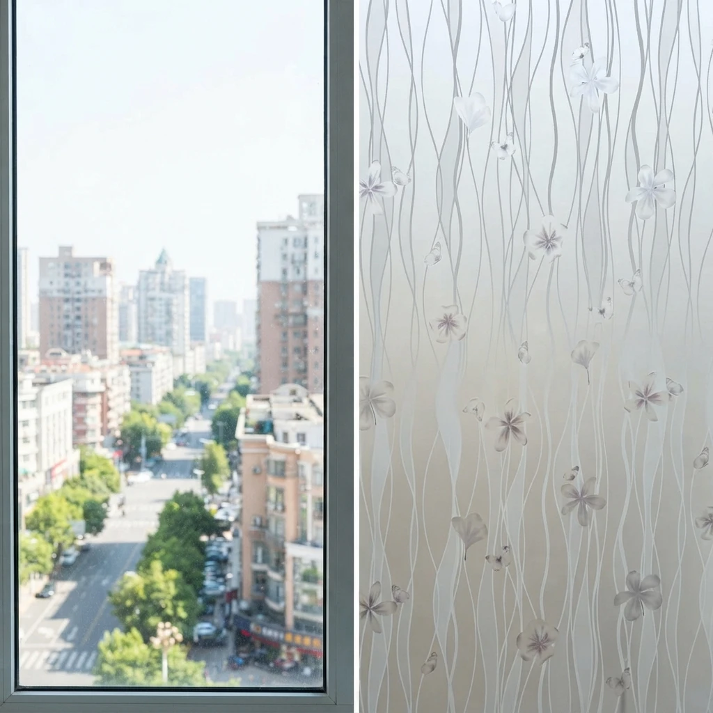 Frosted Butterfly & Flower Privacy Window Film Self-Adhesive Soft Light Transmission Anti-Peep Waterproof PVC Glass Cover for Ho