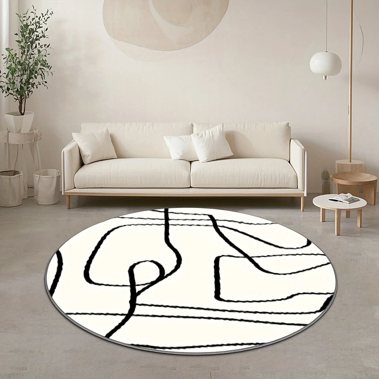 Minimalist Abstract Black Line Round Rug  Modern Simple Contour Line Circular Non Slip Chair Mat for Living Room Bedroom