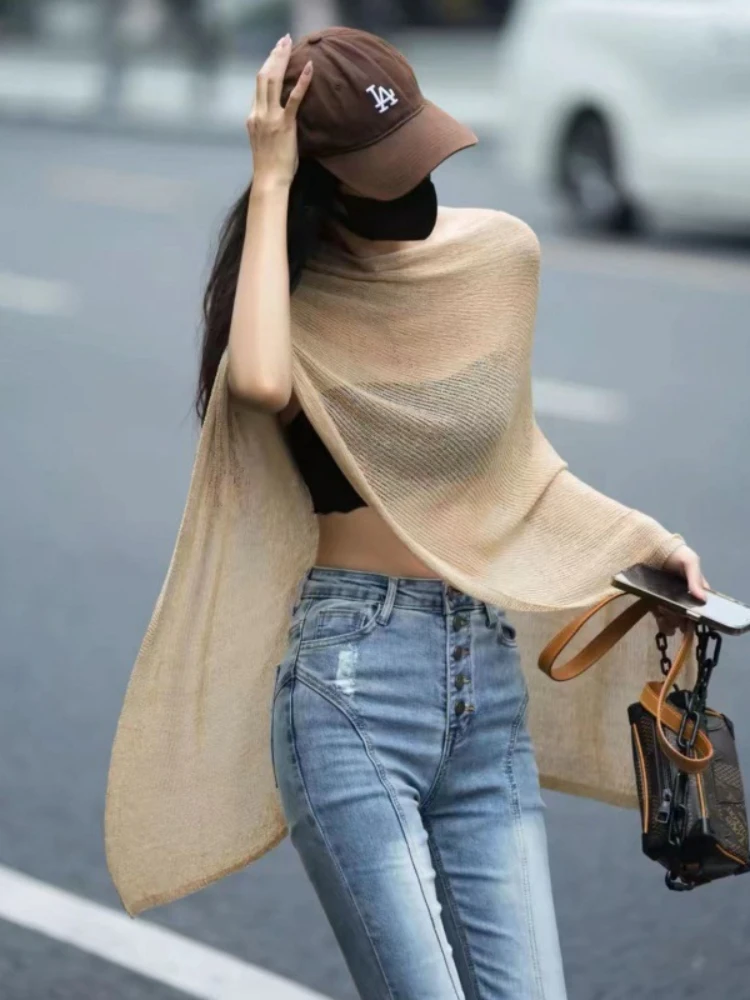 Sexy Irregular Sweater for Women Summer Hotsweet American Chic Off-shoulder Thin Top Sun-proof Breathable Long-sleeved Hip Hop