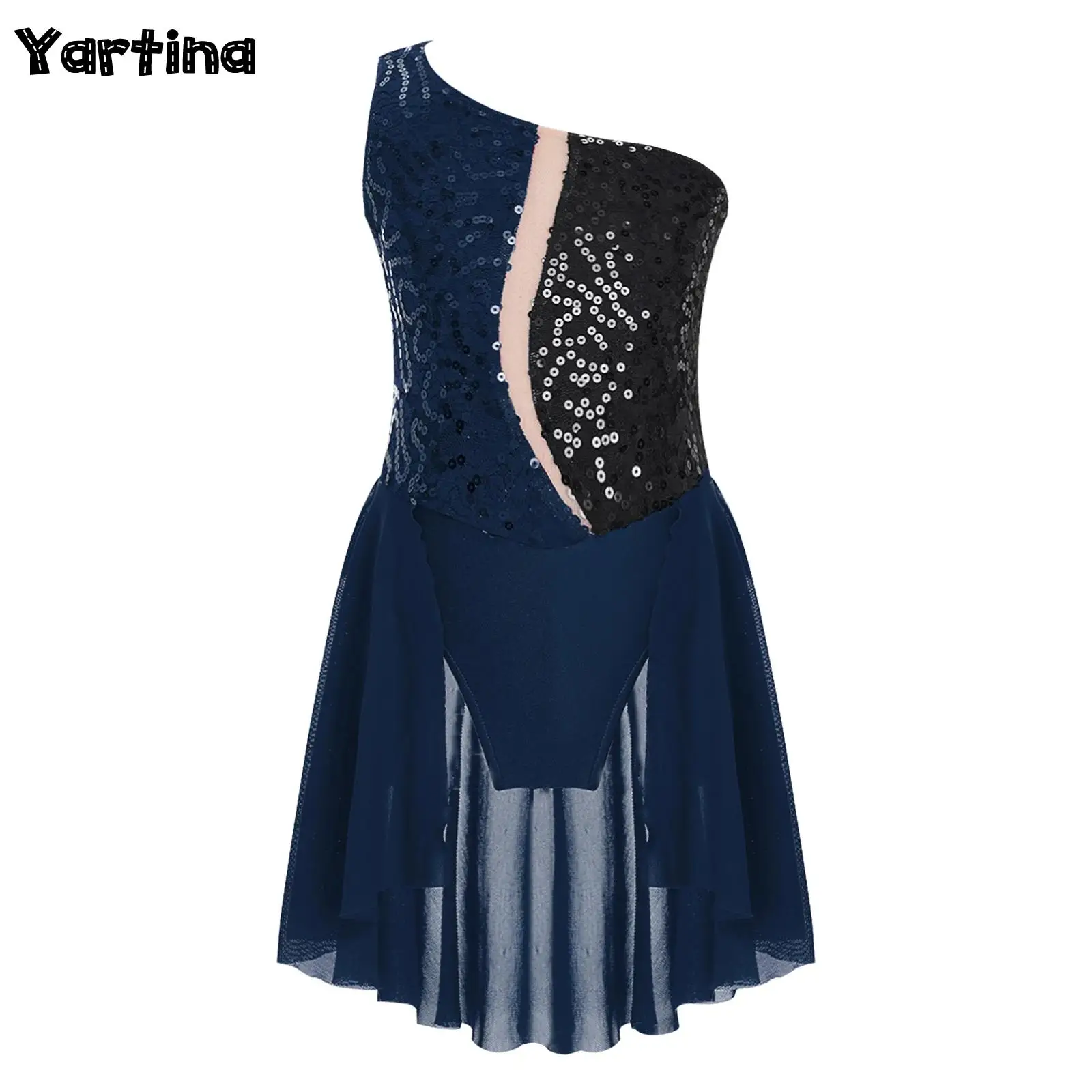 Glittery Sequins Gymnatics Figure Skating Costume One Shoulder Ballet Lyrical Dance Dress for Girls Lace Bodice Ballerina Tutu