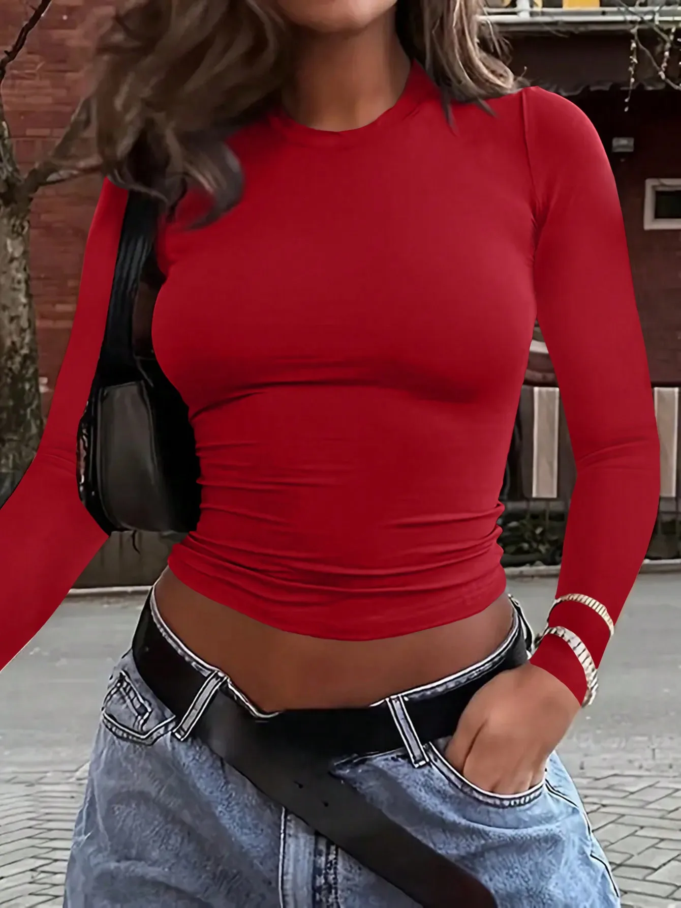 

Red Long Sleeve Crop Top for Women, Fitted Crew Neck T-Shirt, Spring Summer Casual Outfit