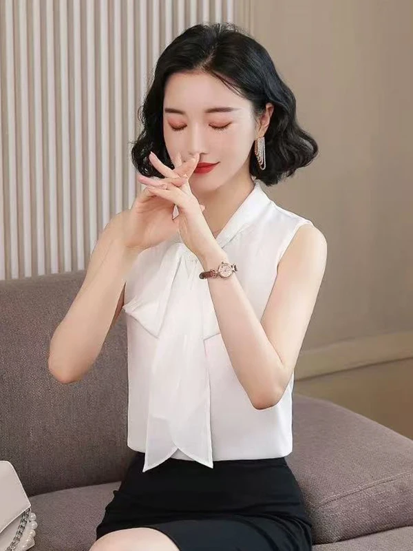Ladies Satin Shirt Sleeveless Fashionable High End Summer Top Korean Style Commute Wind Loose Fit Splice Pure Color