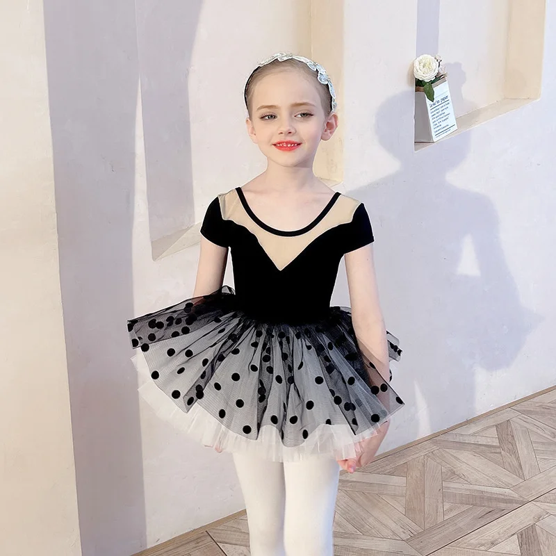 Wholesale Low MOQ Fast Delivery Kids Girls Dance Wear Mesh Leotard Cute Black Short Sleeve Cotton Ballet Dress with dots