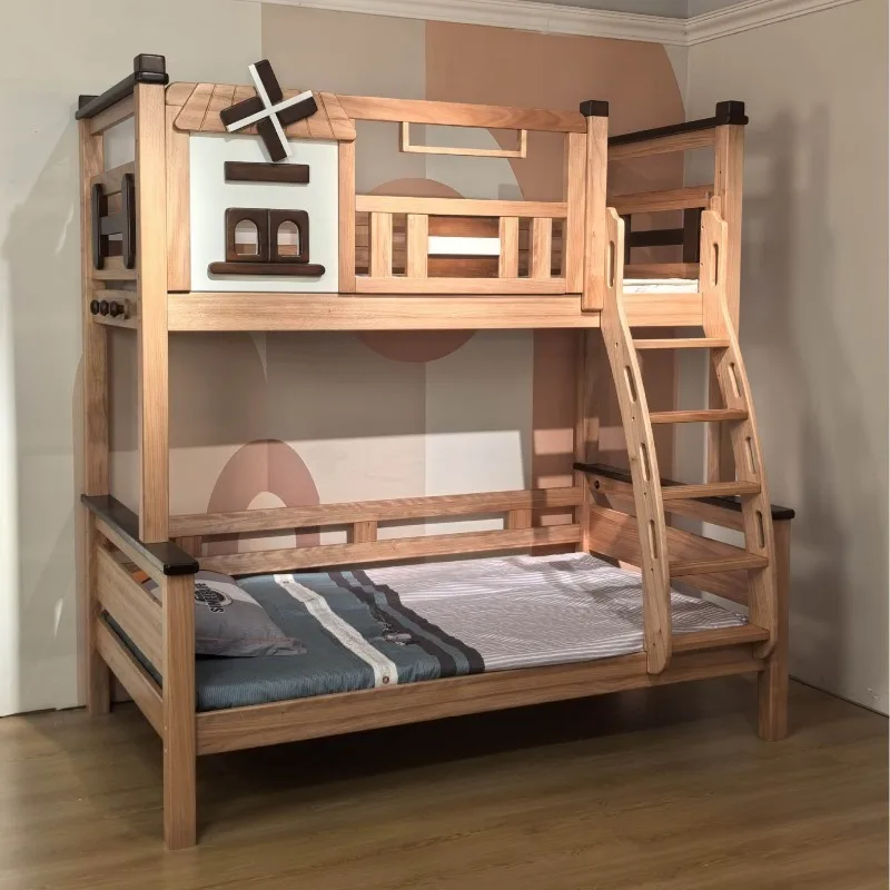 Windmill tree house, bed (red sandalwood) solid wood high and low bed, creative shape, with ladder cabinet guardrail