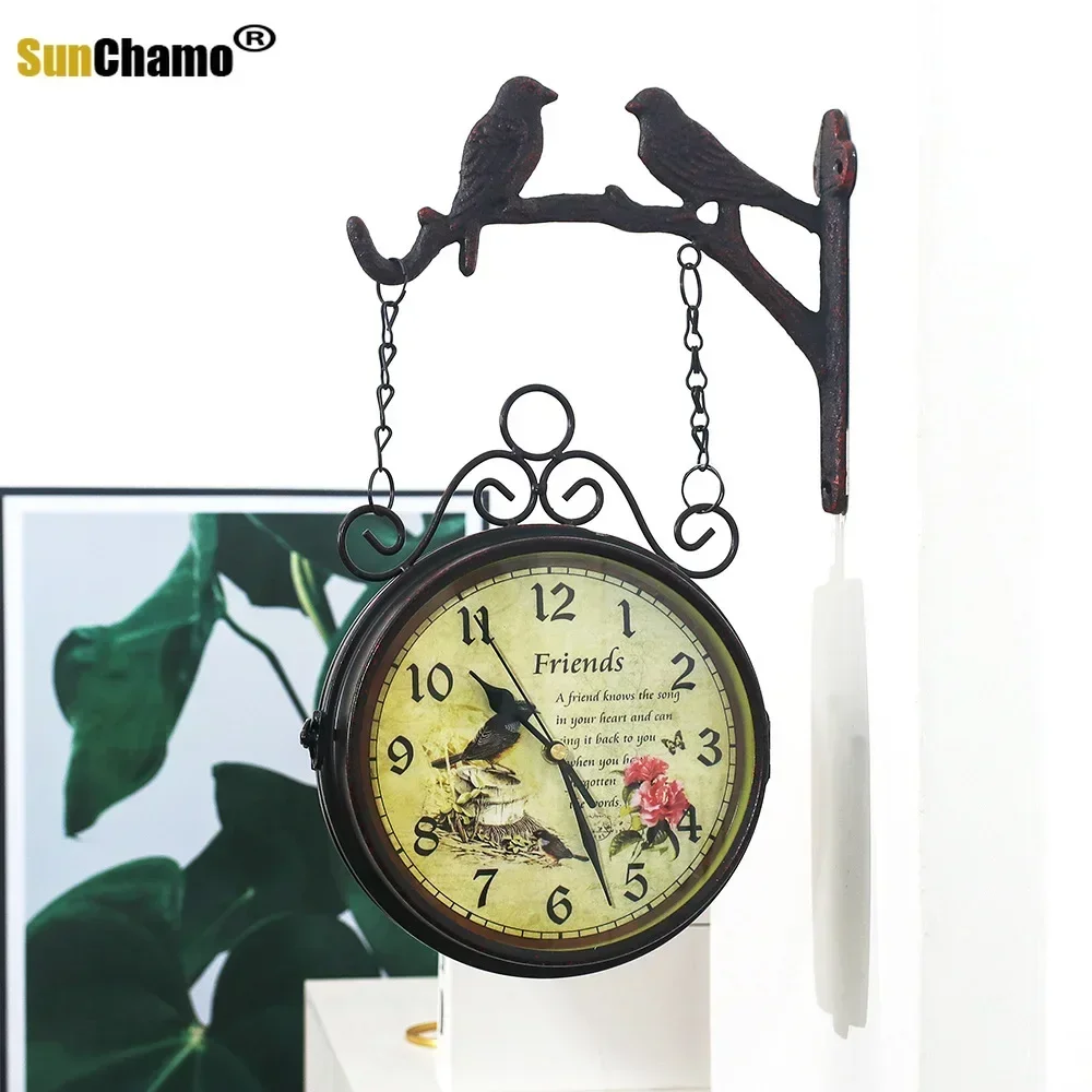 

European Vintage Two Birds on Branch with Rose Flower Design Double Sided Round Hanging Wall Mounted Decor Iron Alarm Clock