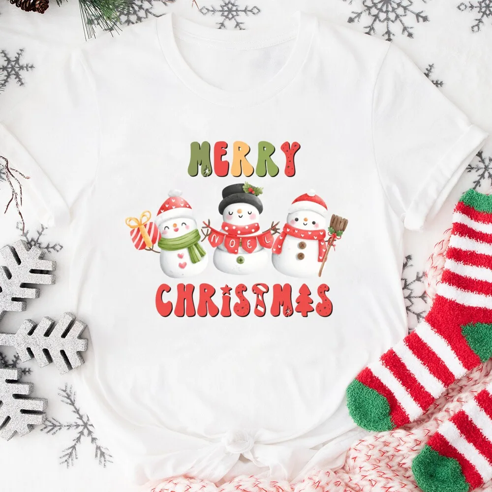 Merry Christmas Snowman Print Women T-shirts Funny Snowmans Shirts Cute Winter T-Shirt Xmas Shirt for Women