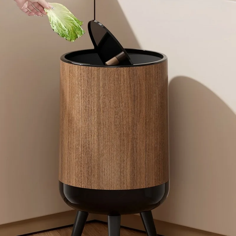 High‑Foot Garbage Bin 15L Wood Grain Round Nordic Large Capacity with‑Lid Waste Bin Living Room Kitchen Household Garbage Bucket