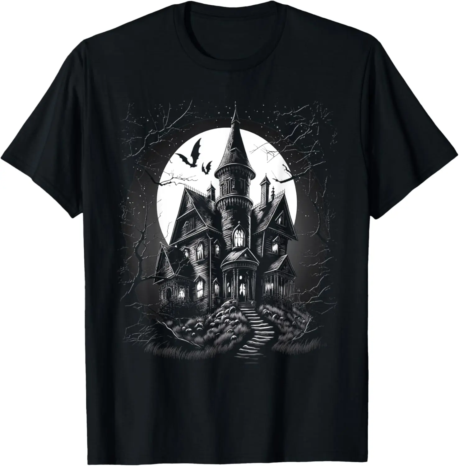 Creepy Haunted Home on a Hill on a Halloween Moonlit Night T-Shirt