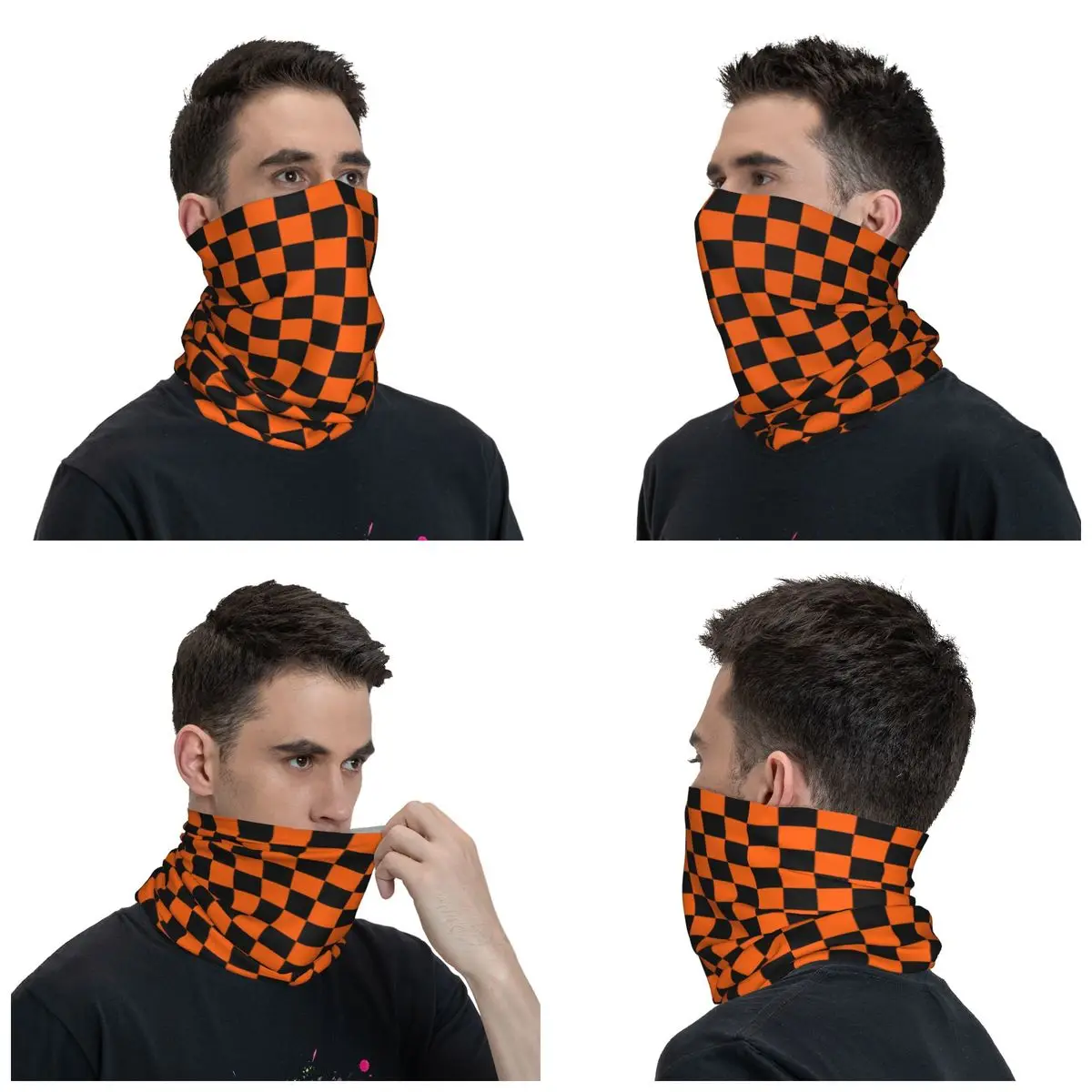 Colorato geometrico a scacchi nero e arancione Bandana Neck Cover stampato moto da corsa sciarpa magica sciarpa da ciclismo multiuso