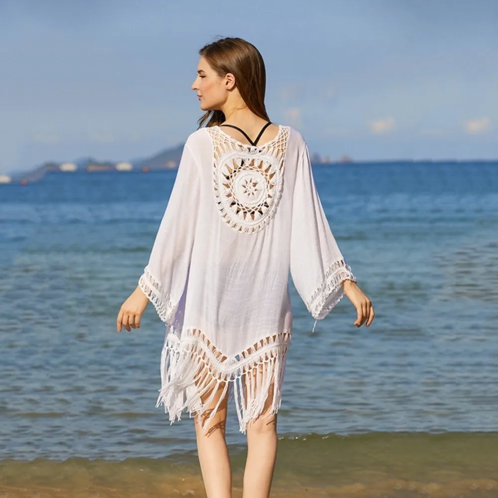 Vestido de Playa Calado con Borlas, Estilo Casual y Sexy, para Mujer