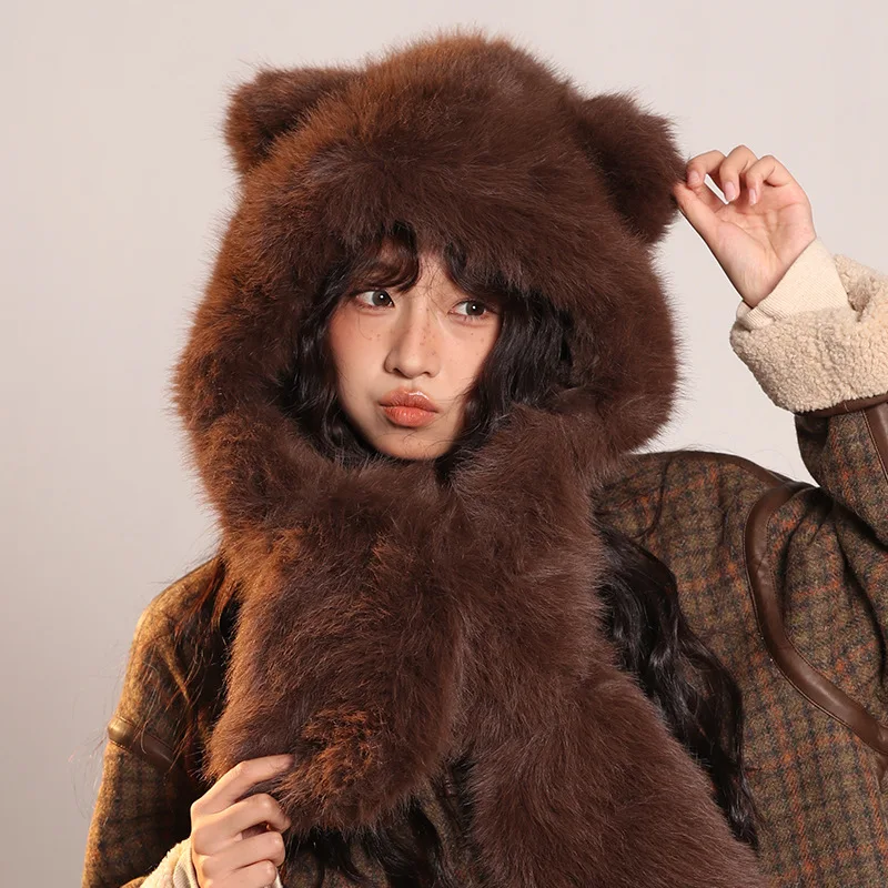 

High Quality Plush Bear Ears Beanie Hat Scarf Integrated Winter Cute Warm Thickened Lei Feng Hat Riding Windproof Ear Russia Cap