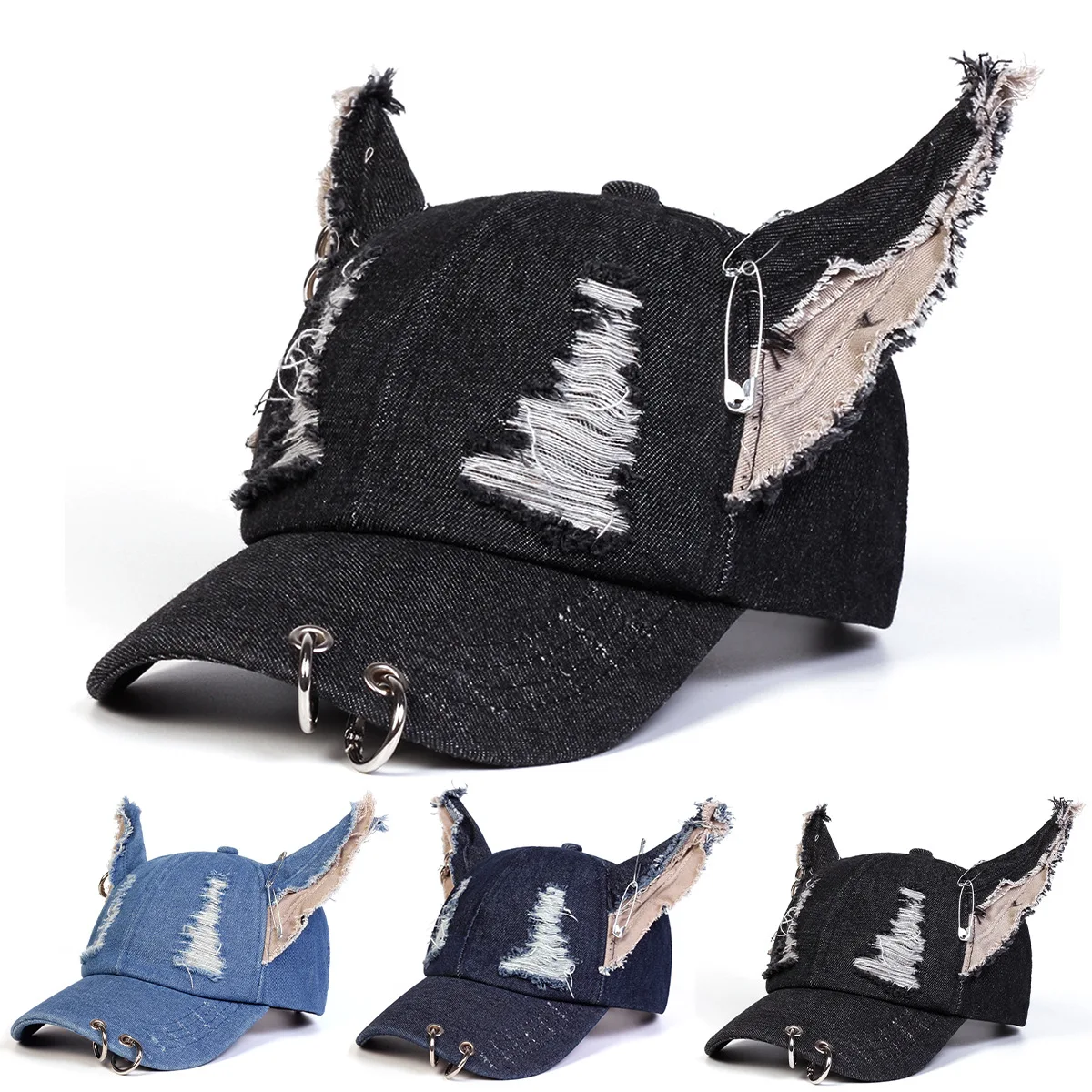 Rabbit Ears Denim Cap Vintage Distressed Jeans Hat Baseball Hat Eye-Catching 3d Ears Hip Hop Cap For Streetwear Fall Wear Team