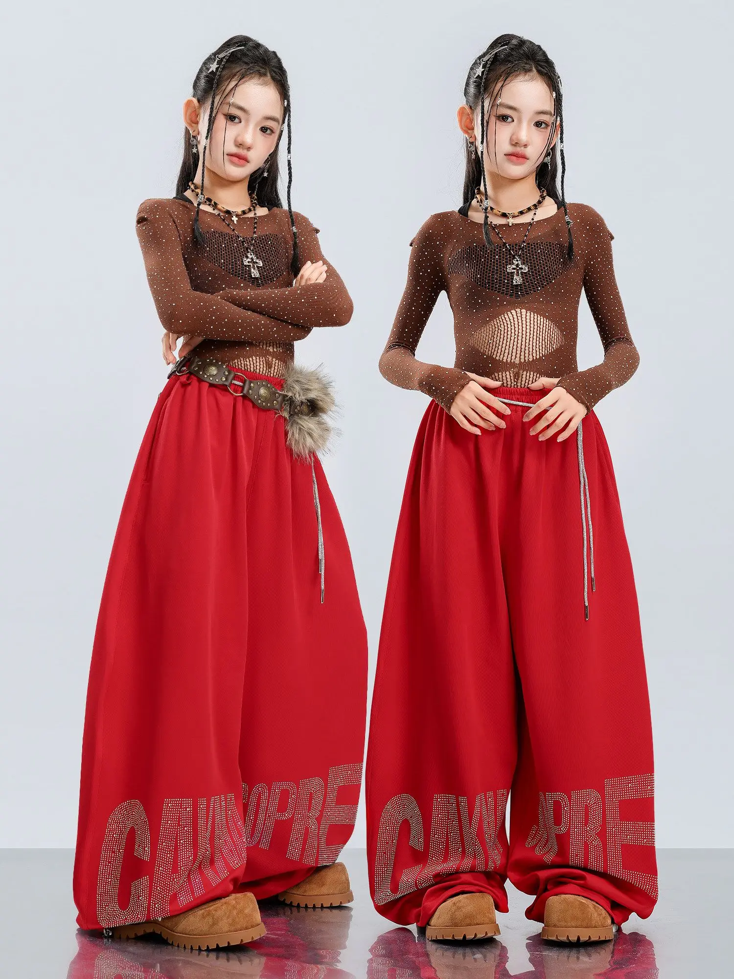 Kids Jazz Dance Costume Brown Rhinestone Bodysuit Red Sweatpants Girls Kpop Performance Outfit Concert Stage Clothing BL20200