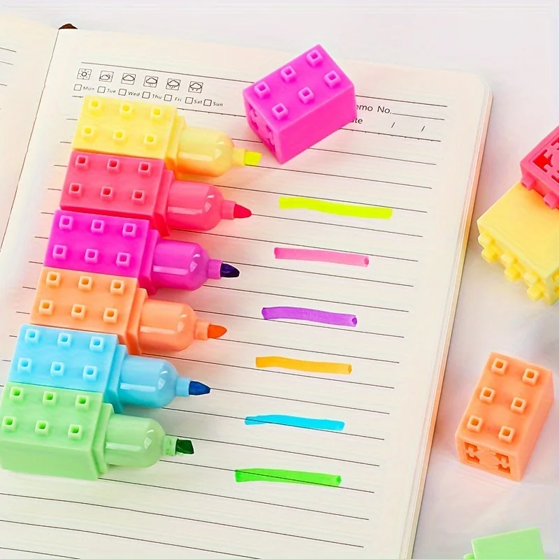 6pcs Children's Toys Puzzle Building Blocks Student Colored Markers Fluorescent Pens  Block Splicing Multi Use Colored Brushes