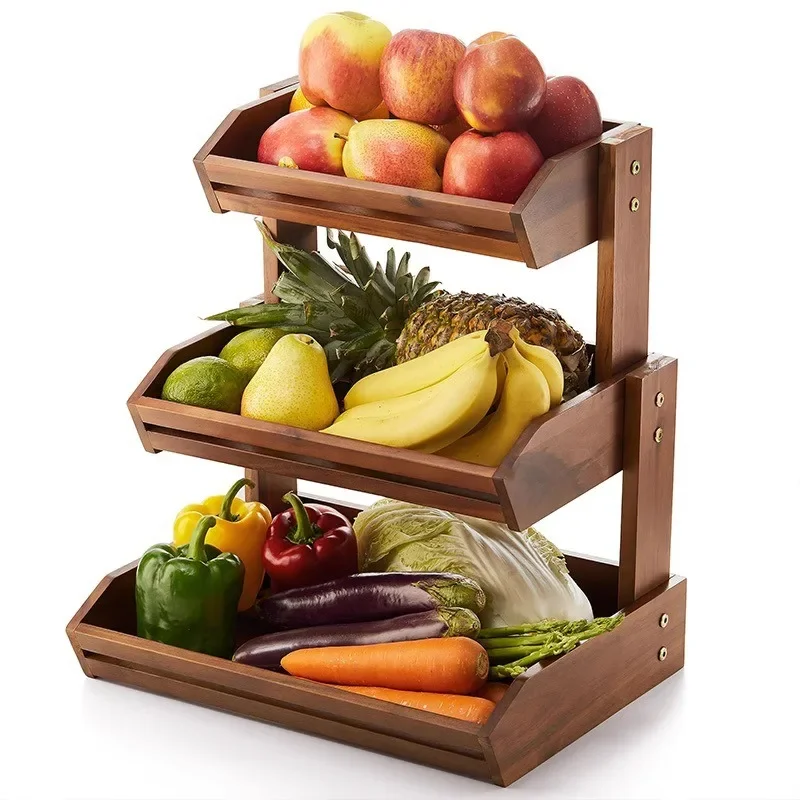 

European teak desktop fruit basket vegetable bread basket double shelf simple snack sundries storage basket shelf