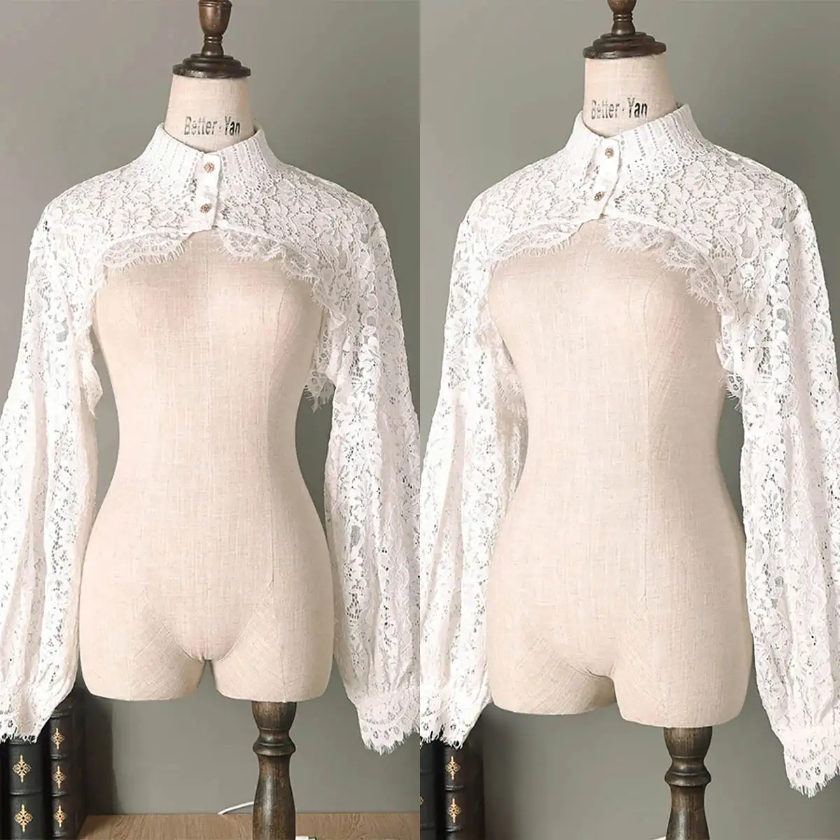 Veste ronde vintage à manches longues, vestes de mariée en dentelle, col haut, patients Everak, haute qualité, accessoires de mariage personnalisés