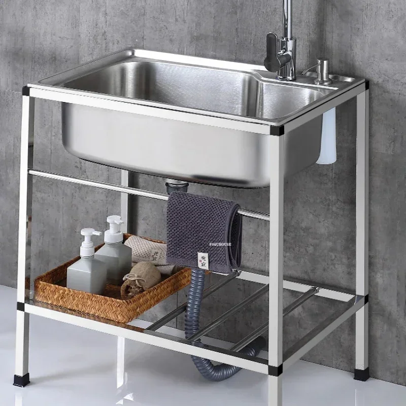 Floor-standing Stainless Steel Kitchen Sinks with Bracket Multifunction Single Wash Basin Commercial Kitchen Thick Washing Sinks