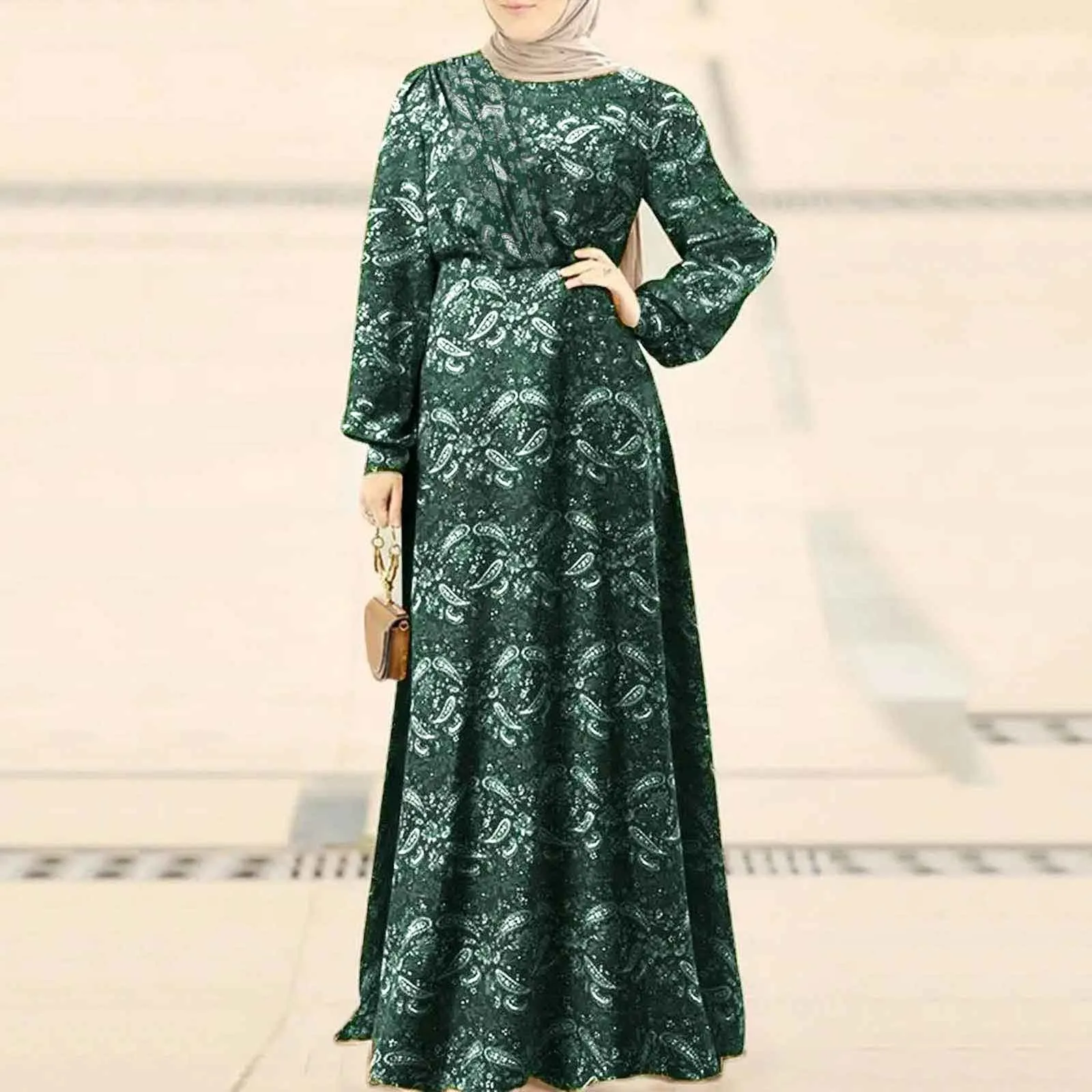 2024 Ramadan Dress Fashion Printed Waisted Pleated Back Zip Long Dress Muslim Woman Dresses Loose Dubai Abaya Islamic Dresses