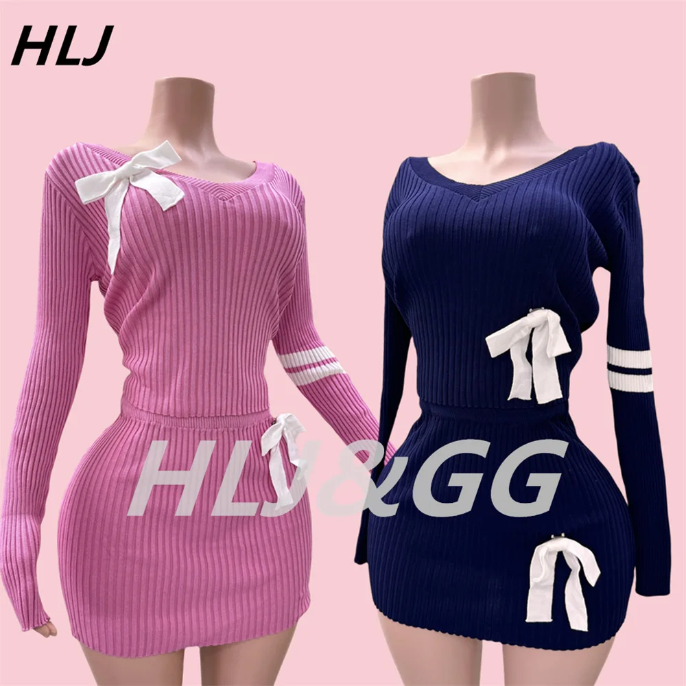 HLJ Sweet Bow Knitting Two Piece Sets Women V Neck Long Sleeve Slim Top And Mini Skirts Outfits Fashion Solid Stretchy Clothing