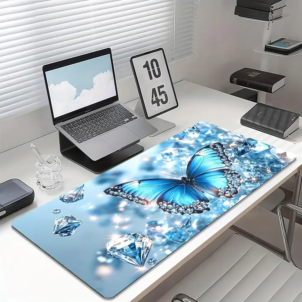 Blue Butterfly Gaming Mouse Pad Crystal Glitter Non Slip Rubber Smooth Large Desk Mat For Gamers Office Desktop Stationery