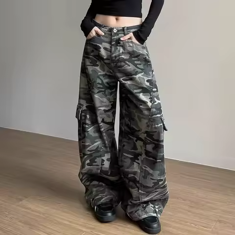 Y2K American Vintage Machete Camouflage Overalls Jeans Men And Women Street New Baggy Silhouette Joker Couple Wide-leg Pants