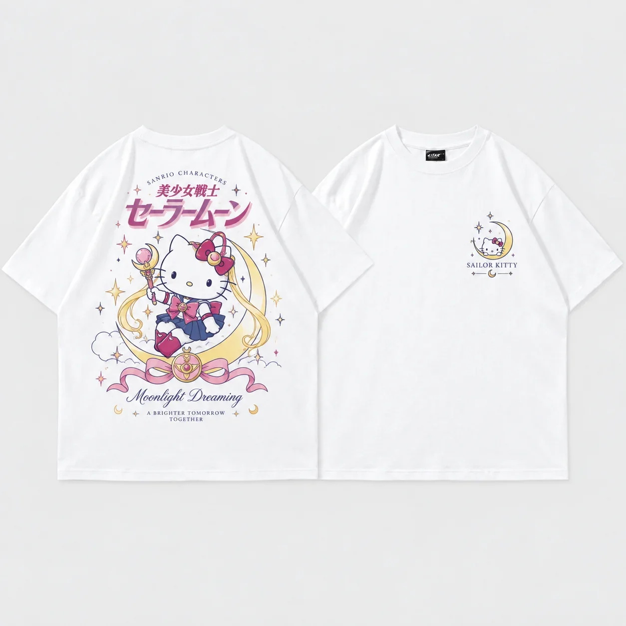 Sanrio Hello Kitty Sailor Moon Parent Child Tee Men's Women's White Retro Cool Art Print Oversized Short Sleeve Streetwear Top