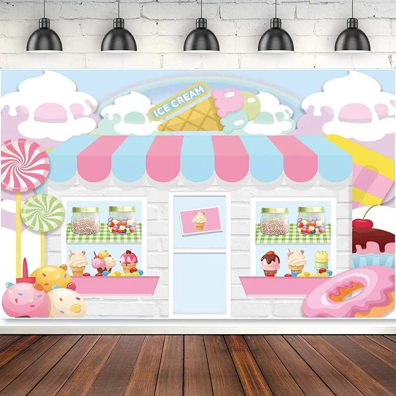 

Ice Cream Parlor Shop Photography Backdrop Summer Pink Sweet Candy Girl Baby Shower Birthday Background Doughnut Party Banner