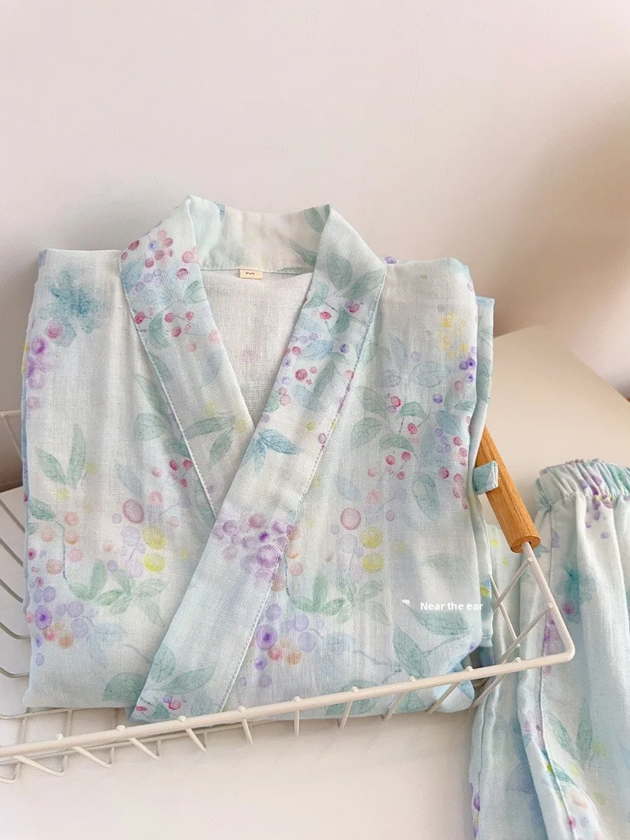 

Японский домашний костюм для женщин: хлопковая двуслойная марлевая одежда с длинными рукавами, V-образным вырезом, в стиле кимоно, и брюки на завязках