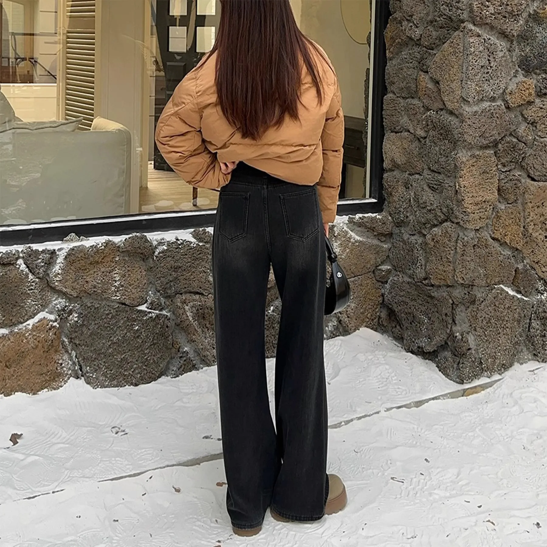 

Большие размеры, широкие джинсы с высокой талией на подкладке, женские свободные утягивающие драпированные брюки длиной до пола, прямой крой, зимние джинсовые брюки