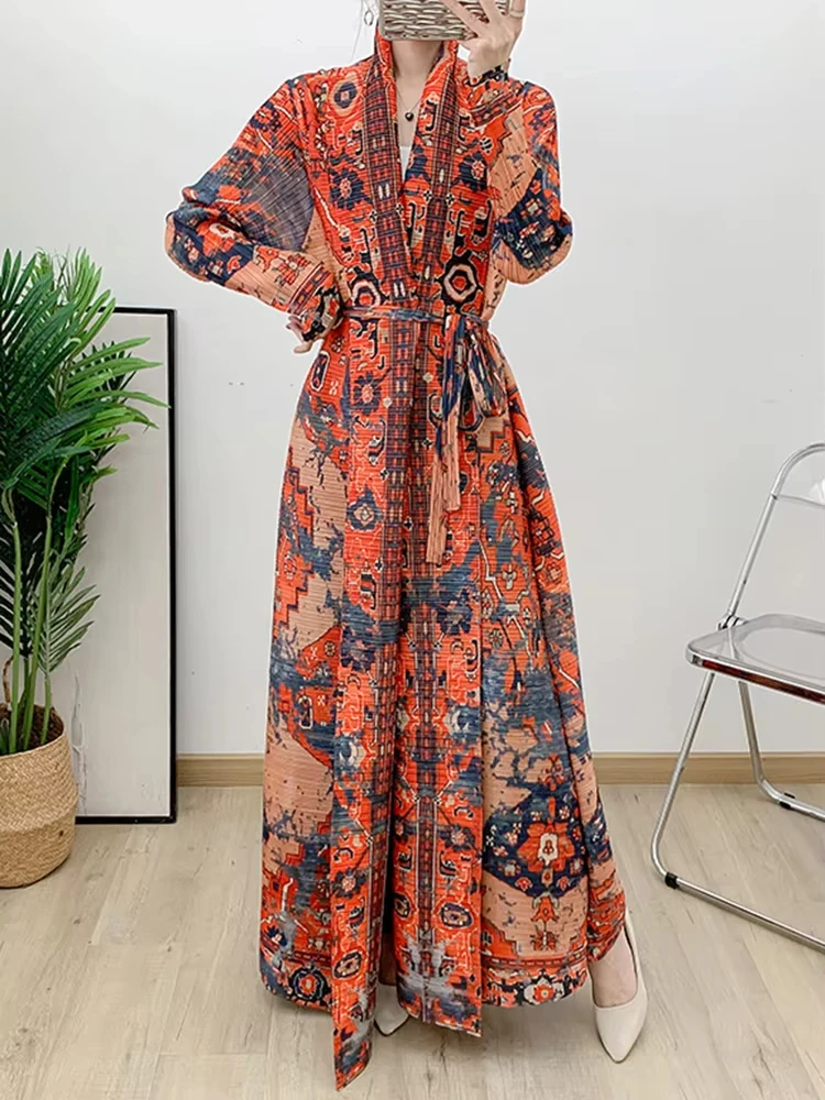 Anlan Geplooide Print Revers Lange Windjack Vrouwen Losse Vintage Stijl Full Mouw Casual Outwear Herfst Nieuwe Trenchcoats 17g8355