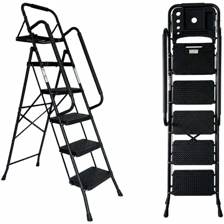 6 Step Ladder with Handrail, Folding Step Stool with Wide Anti-Slip Pedal, Ladders for Home, Sturdy Steel Ladder, Lightweight,