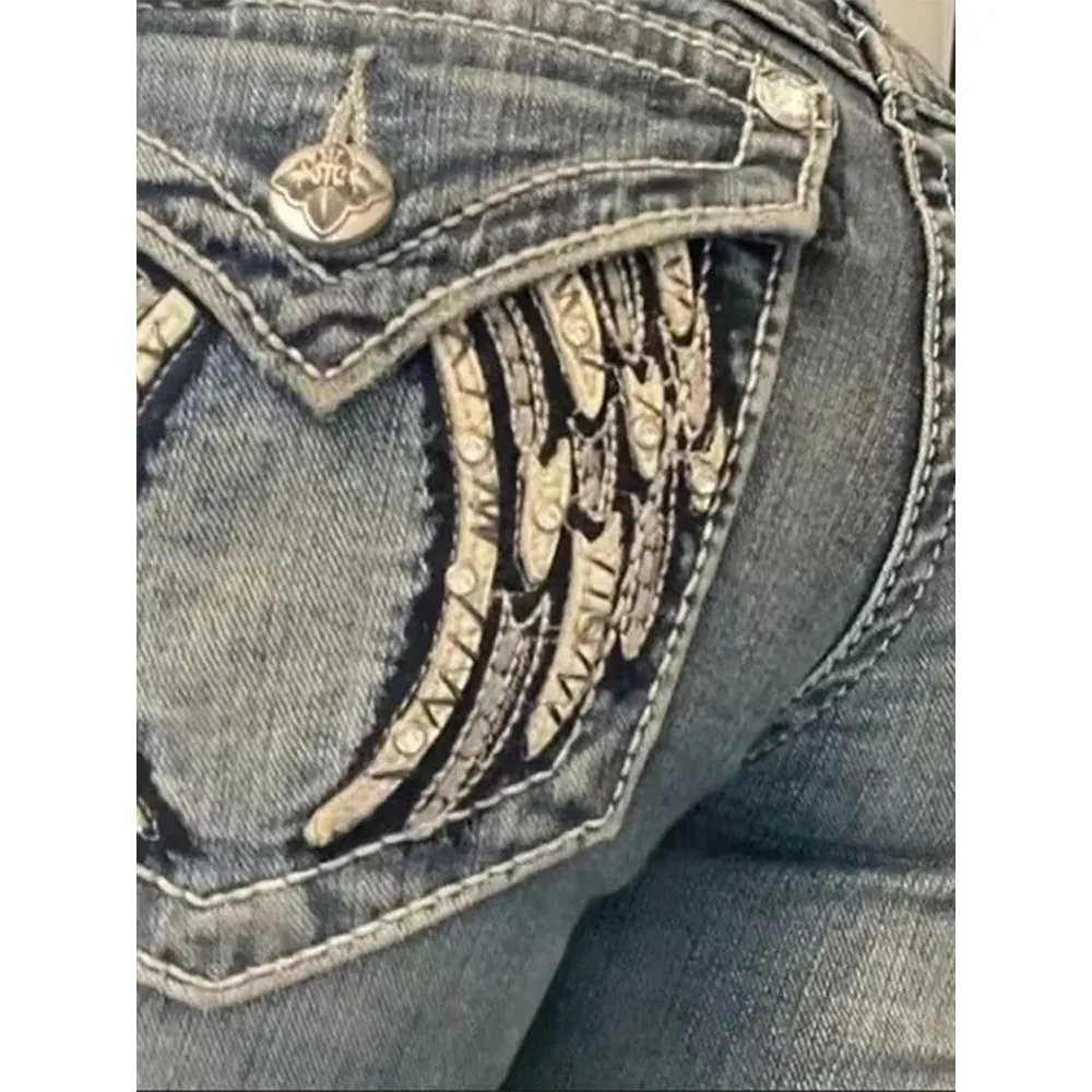 

American Vintage Women's Flare Jeans Pants Patchwork Embroidery Durable Polyester Fiber ex Dstring Waist Jeans