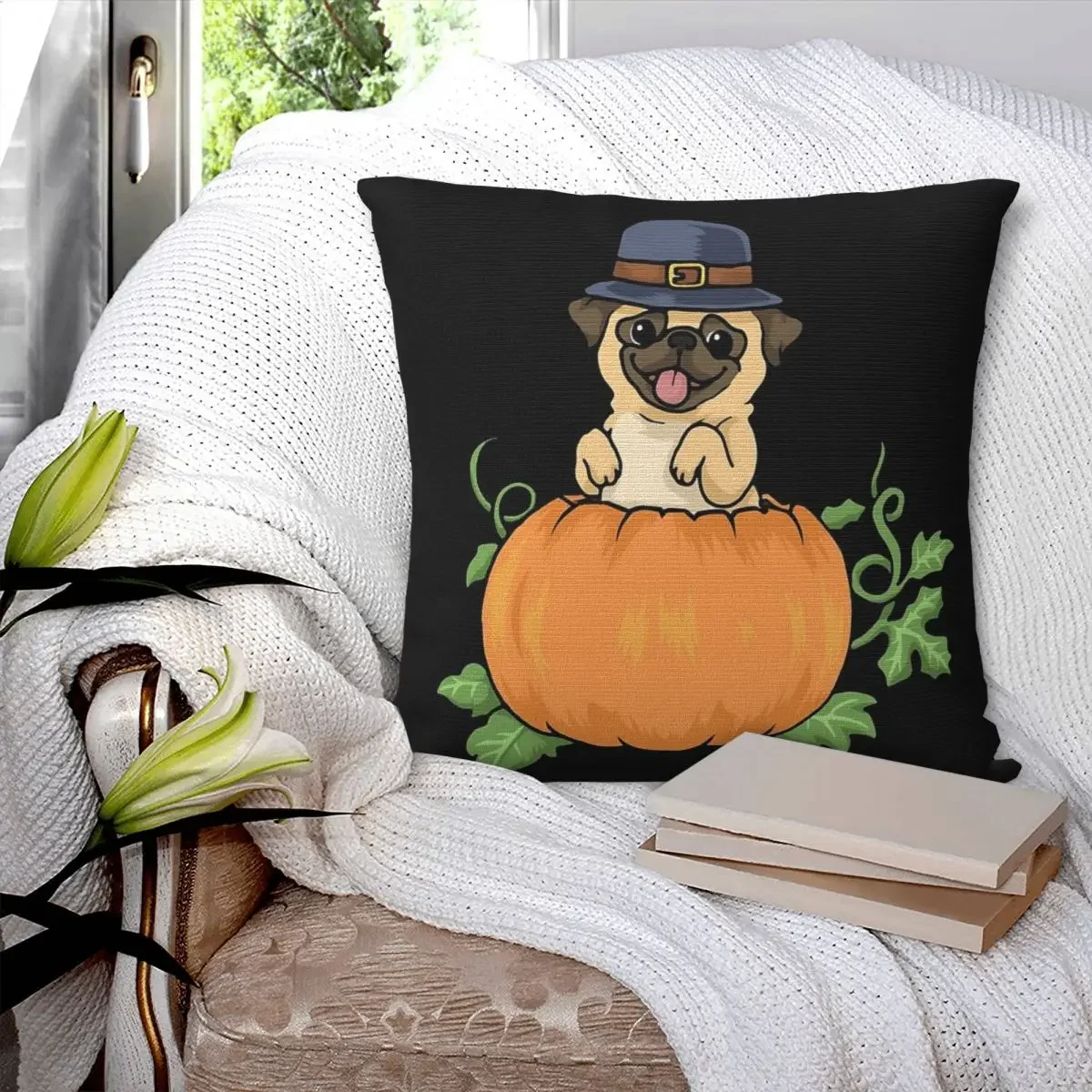 Thanksgiving Pug Dog Mom Hat Pumpkin Pie Pug Square Pillowcase Polyester Pillow Cushion Decor Comfort Throw Pillow For Home Car