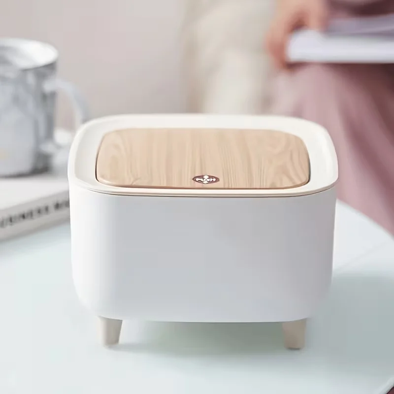 1Pc/Press-Type Trash Can for Home Use with Wood Grain Lid, Plastic Round Desktop Storage Bin