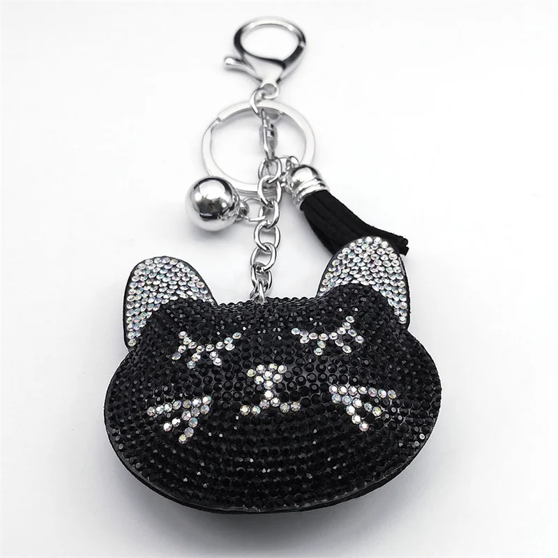 Black Crystal Cat Head Key Chain Women Men Alloy Rhinestone Cute Kitten Pet Keyring Car Bag Jewelry Gifts Accessories KXXXXS03 - view 2