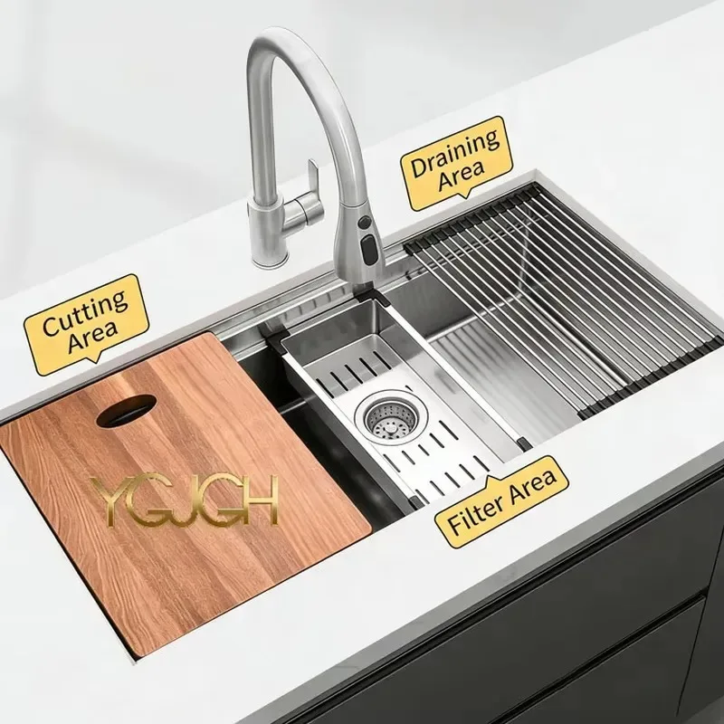 STLF Built-in stainless steel double sink kitchen sink, table mounted farmhouse style table sink, with sliding multi-fitting