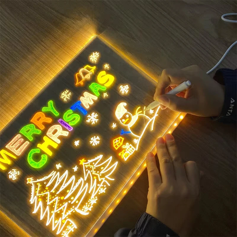 빛나는 아크릴 메시지 보드 재사용 가능한 DIY 어린이 글로잉 드로잉 보드 메시지 램프 7가지 색상 펜 포함