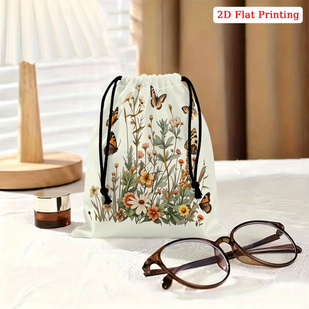 1pc Floral Butterfly Drawstring Bag White Botanical Print Storage Small Pouch Travel Organizer For Women Glasses Cosmetics Porta