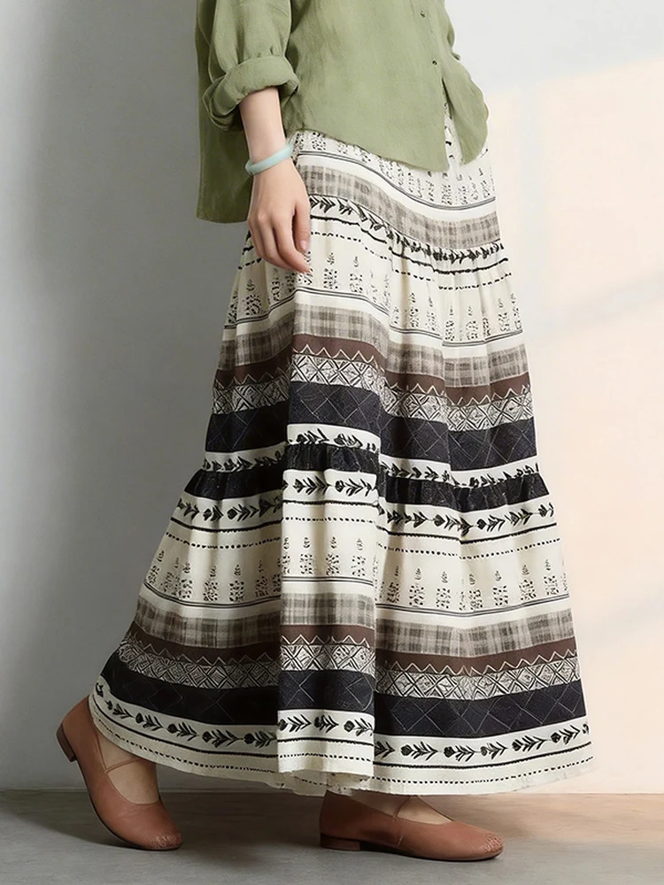 Bohemian Ethnic Style Floral Print Cotton Linen Half Skirt Women Summer Loose Travel Holiday A-Line Flared Skirt City Commute...