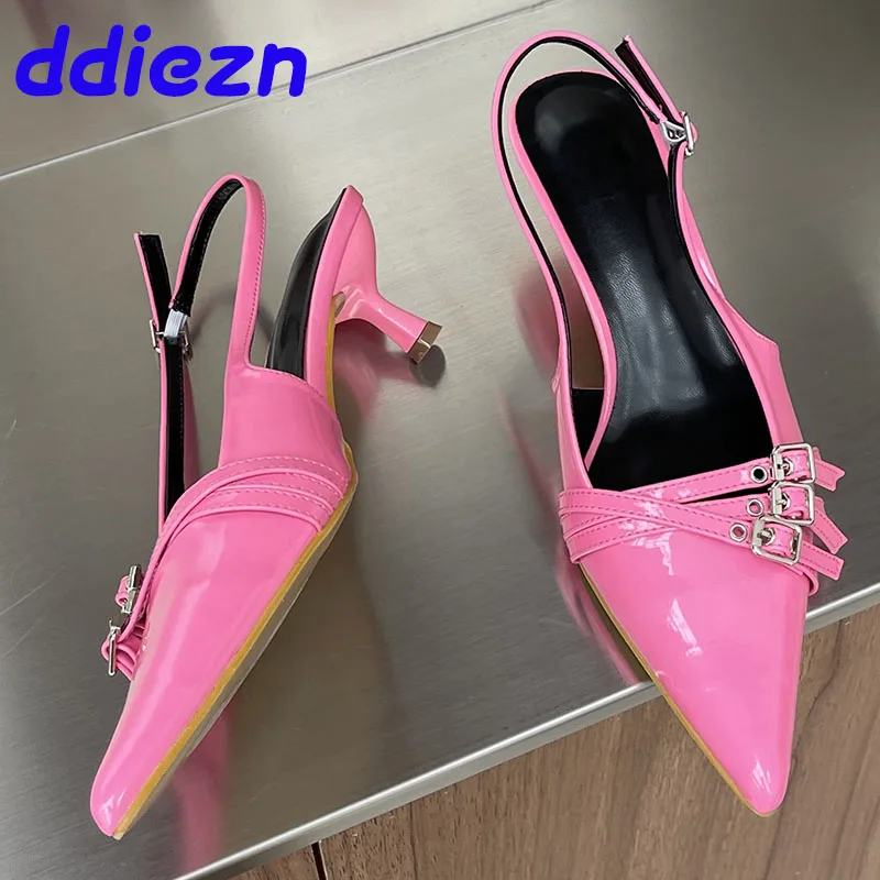 2024 Luxury Pink Footwear Medium Heels Pumps Shoes For Woman Female Metal Buckle Fashion Pointed Toe Ladies Heels Shoes Big Size