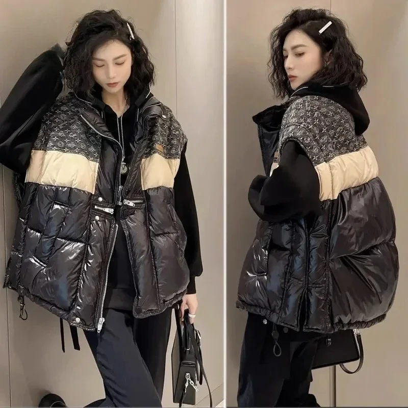 Gilet in piuma d'anatra da donna Colletto rialzato alla moda Colore a contrasto Splicing Loose 90% Bianco Nuovo prodotto invernale