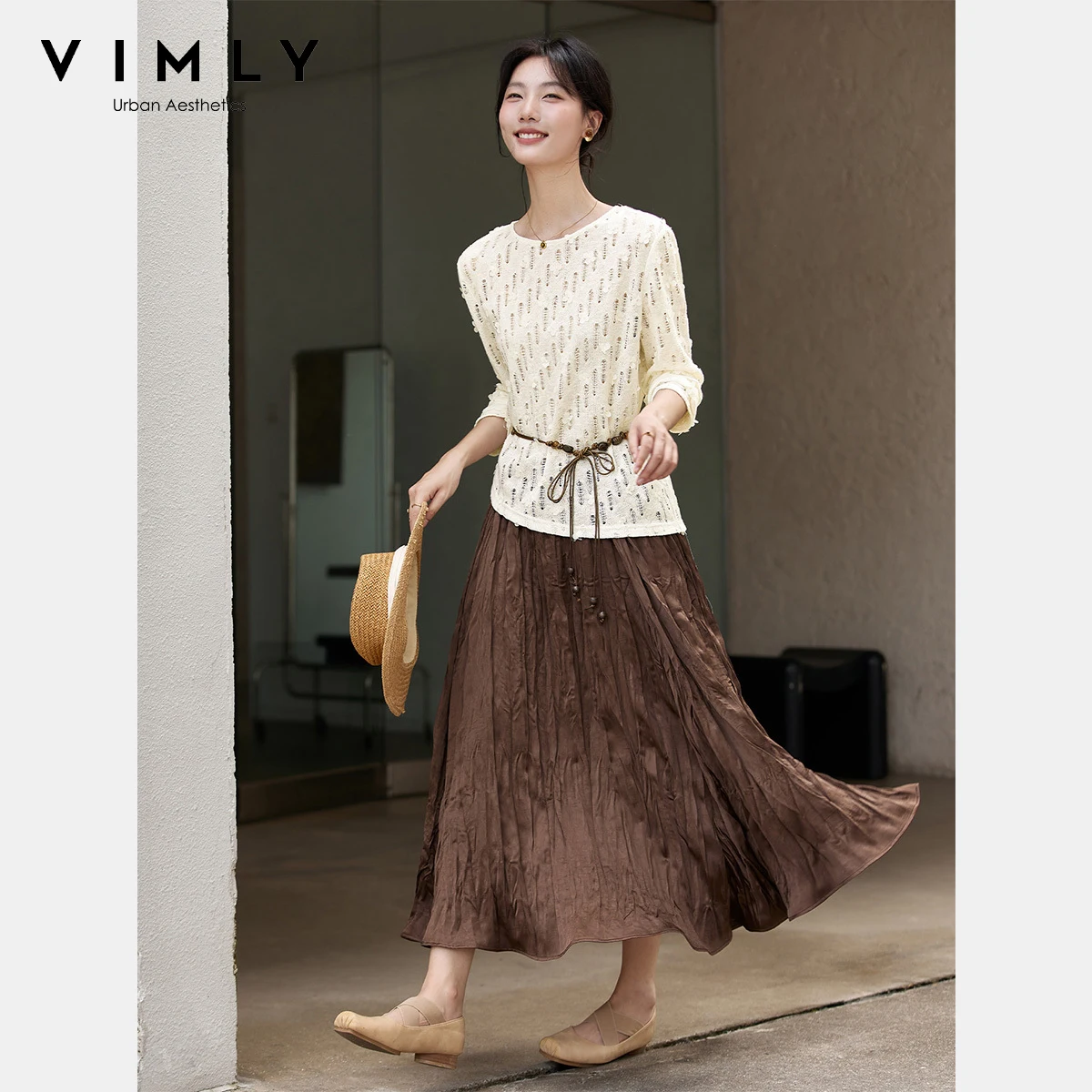 VIMLY Set 2 Potong Pakaian Wanita Atasan Rajut Berlubang Motif Bunga Model French Hook Rok Maxi Lipit Model Bud Musim Gugur 2025 Set Rok Wanita A3009