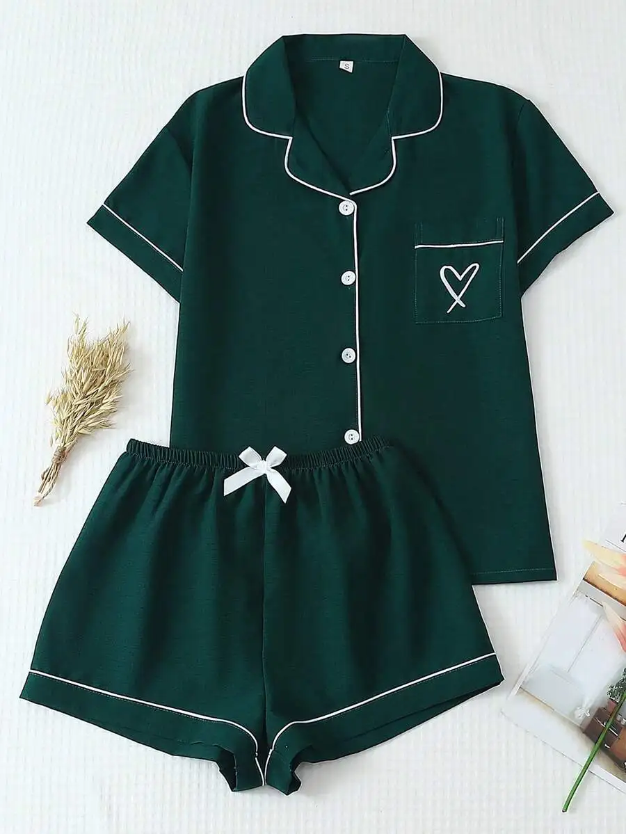 Womens Solid Green Short Sleeve Pajama Set With Heart Embroidery Pocket And Bowknot Shorts
