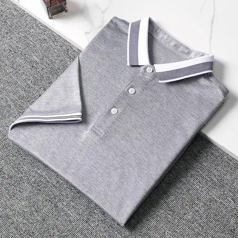 2024년 여름 신상품 남성용 기초색 편안한 통기성이 좋은 실크 코튼 반팔 POLO 스웨터 청소년용 표준핏