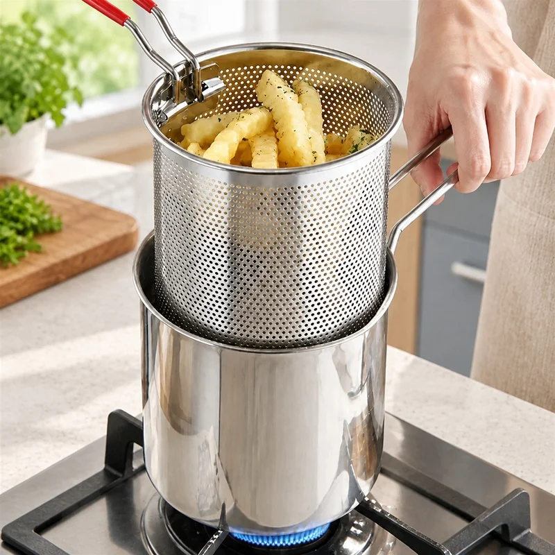 Home Kitchen Deep Fryer with Oil Strainer and Basket, Durable Stainless Steel for Crispy Fries and Chicken Wings